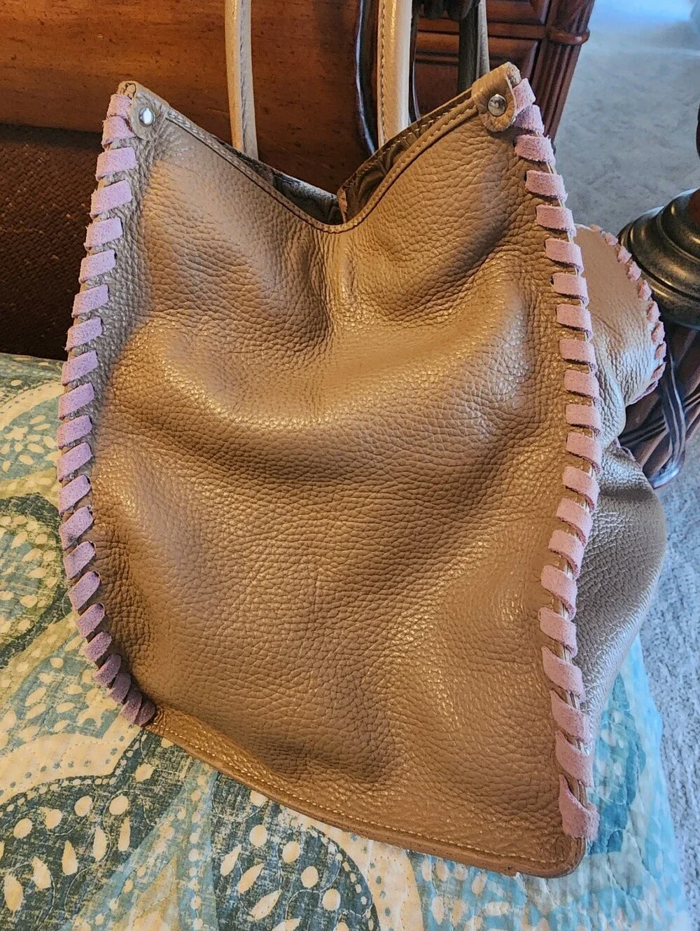 Claudia Firenze Embossed Boho Floral Leather Tote Bag with Tassels - Pink Brown